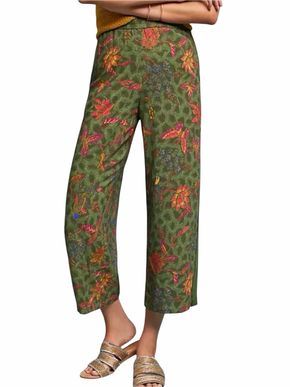 Ett Twa Schuyler Printed Pants XS Green Floral Anthro Wide Leg Crop Boho Pull On